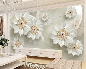 تصویر کاغذ دیواری سه بعدی پشت تلویزیون طرح گل صدفی 