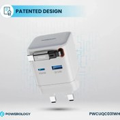 تصویر شارژر دو پورت پاورولوجی مدل PWCUQC031 با کابل جمع شونده 