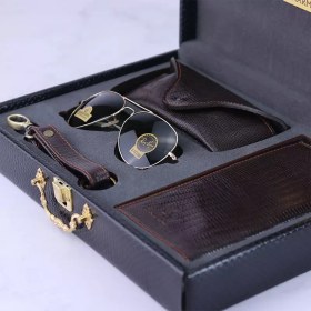 تصویر ست کیف کتی چرم و عینک مردانه چرمسال قهوه ای پوست ماری 182/2 