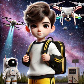 تصویر بک گراند کودکانه پسر کوچک و ربات با پس زمینه کهکشان کد ۴۳۳۹۰ 