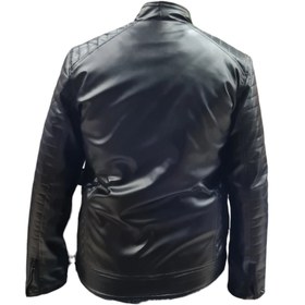 تصویر کاپشن چرم مردانه آستین زیپ دارتیوپی - تک رنگ / 2XL Men's leather jacket with zipper sleeves