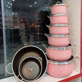 تصویر سرویس قابلمه هلنا ۱۴ پارچه گرانیتی دسته طلایی 