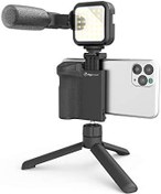 تصویر مجموعه ویدیویی DigiPower دنبال من با نور ویدئو LED + میکروفون + دستگیره دوربین با نگهدارنده تلفن همراه + سه پایه کوتاه، سازگار با گوشی‌های هوشمند، برای TikTok، YouTube، پخش زنده و جلسات 