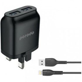 تصویر شارژر دیواری برند پرودو porodo به همراه کابل ۱.۲ متری USB به لایتنینگ Porodo Dual Port Wall Charger 2.4A