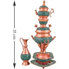 تصویر سرویس سماور فیروزه کوبی نیشابور نوزادی 35 سانتی مسی قلم زنی شده 7 پارچه صنایع دستی سایروس.سینی و پارچ و قوری فیروزه کوبی 