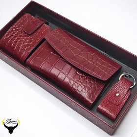 تصویر ست سه عدد جا رژی و کیف پول و جاکلیدی چرم طبیعی کد 180 - قهوه ای روشن Card Holder set and key holder