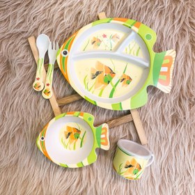 تصویر ست ظرف غذای کودک 5 پارچه فیبر بامبو طرح ماهی Bamboo Fiber Baby Feeding Set – 5 Pieces (Fish Design)