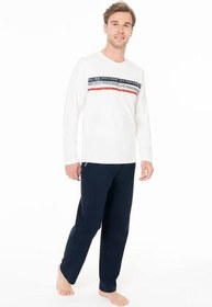 تصویر ست پیژامه مردانه مجموعه لباس خواب مردان جیب 100 ٪ پنبه آستین بلند یقه دوچرخه چوگان افقی چاپ شده U.S. Polo Assn. 