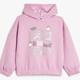 تصویر Kapşonlu Sweatshirt Şardonlu Kedi Baskılı Pul Payet İşlemeli Uzun Kollu 