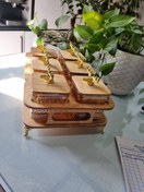 تصویر ست پذیرایی ۶ تکه چوب و بلور عسلی با پایه فلزی – اردوخوری لوکس آجیل و شکلات 