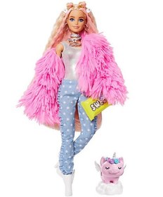 تصویر عروسک باربی فانتزی Mattel Barbie® Extra Puppe (blond) mit flauschiger rosa Jacke, inkl. Haustier 