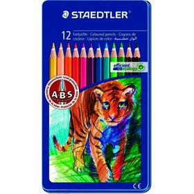 تصویر مداد رنگی ۱۲ رنگ استدلر_جعبه فلزی تخت Stadler 12-color colored pencils - flat metal box