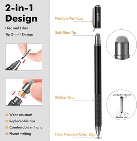 تصویر Digiroot Universal Stylus,[2-in-1] Disc Stylus Pen Touch Screen Pens for All Touch Screens Cell Phones, iPad, Tablets, Laptops with 6 Replacement Tips(4 Discs, 2 Fiber Tips Included) - (Black) 