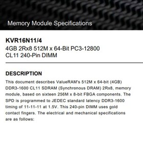 تصویر رم کامپیوتر KVR کینگستون تک کاناله 4GB فرکانس 1600MHz ا Kingston KVR 4GB DDR3 1600MHz Desktop Ram Kingston KVR 4GB DDR3 1600MHz Desktop Ram