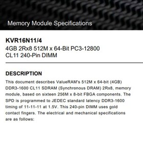 تصویر رم دسکتاپ کینگستون DDR3 تک کاناله 1600 مگاهرتز CL11 مدل KVR ظرفیت 4 گیگابایت ا Kingston KVR CL11 4GB DDR3 1600MHz RAM Kingston KVR CL11 4GB DDR3 1600MHz RAM