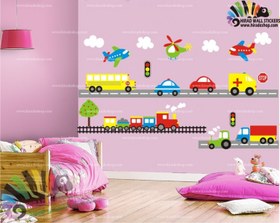 تصویر استیکر و برچسب دیواری اتاق کودک شهر شلوغ،ماشین ،هواپیما ، قطار کد h623 