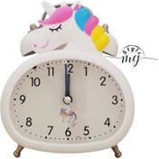 تصویر ساعت پایه فلزی رومیزی زنگ‌دار طرح یونیکورن با چراغ – مناسب اتاق خواب و میز کار - آبی 