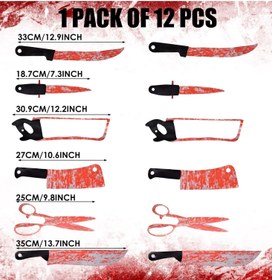 تصویر دکوراسیون جشن هالووین با بنر و وسایل تزئینی شامل 12 عدد اسباب بازی شوخی، چاقوهای تقلبی با خون جعلی برای مهمانی زامبی و خون‌آشام برند vucatin 12-Pcs Gag Toys Garland Banner Props Fake Knives with Fake Blood Banner Decorations Zombie Vampire Party Supplies for Haunted Ho