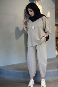 تصویر ست مانتو لنین جلو بسته و شلوار کرم کد (7138) - سایز Linen tunic and pants