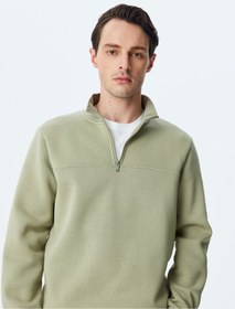 تصویر خرید اینترنتی پلیور مردانه سبز کوتون 5WAM70255MK786 KT - Uzun Kollu Pamuk Karışımlı Basic Yarım Fermuarlı Sweatshirt