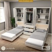 تصویر تخت خواب یک نفره کمجا و کمد دراور 