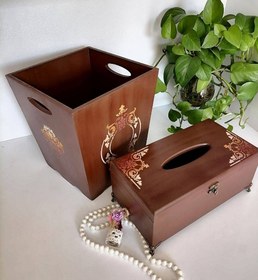 تصویر سطل و جادستمال کاغذی چوبی طرح معرق کد 098 Box for paper napkins and bins