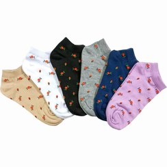 تصویر جوراب زنانه ی ساق کوتاه مدل قزل گول ( گل رز سرخ ) نخی بسته ی 6 جفتی Women Rose flower model socks (6 Pack)