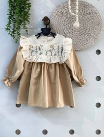 تصویر پیراهن یقه دورچین دخترانه طرح گلدوزی / سایز ۳ تا ۸ سال 