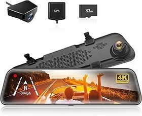 تصویر Wolfbox G840S 12 "4K Mirror Dash Dash Cam Camer Camer Camer ، 2160p Full HD Smart Rearview آینه برای اتومبیل و کامیون ، دوربین های جلو و عقب نمای دوتایی ، بینایی شب ، کمک به پارکینگ ، شامل کارت 32 گیگابایتی و GPS WOLFBOX G840S 12&quot; 4K Mirror Dash Cam Backup Camera, 2160P Full HD Smart Rearview Mirror for Cars &amp; Trucks, Front and Rear View Dual Cameras, Night Vision, Parking Assistance,Included 32GB Card &amp; GPS