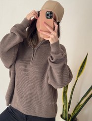 تصویر ژاکت بافت نیم زیپ زنانه رنگ زرد 