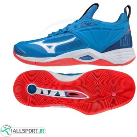 تصویر کفش والیبال میزانو طرح اصلی Mizuno Wave Momentum 2 French Blue White Red 