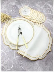 تصویر رانر و زیر بشقابی سفید طلای گلدوزی شده 12 قطعه سرویس آمریکایی دستمال کوکتل HİFA HOME 