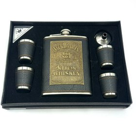 تصویر ست بطری جیبی چرم پلاک دار جک دنیلز Jack Daniels leather pocket bottle set with plaque