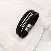 تصویر دستبند چرم طبیعی مردانه و زنانه با پلاک نقره طرح هندسی 