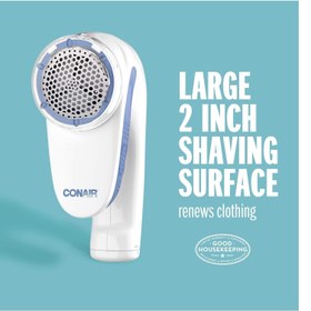 تصویر پودرزن و پرزگیر پارچه کنیر، پودرزن پارچه قابل حمل با باتری، سفید برند conair Conair Fabric Shaver and Lint Remover, Battery Operated Portable Fabric Shaver, White