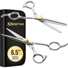 تصویر ShearGuru Professional Barber Kit/Salon Haircut Scissors Cutting Set - 6.5"-Straight Edge Razor Sharp Barber Scissors + Texturizing Thinning Shears Styling Hair for Women Men 