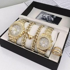 تصویر ست ساعت زنانه و مردانه رولکس نگین دار با دستبند و حلقه 