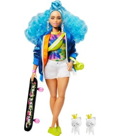 تصویر عروسک باربی اکسترا با موهای آبی، ژاکت بمب‌افکن و اسکیت‌برد برند barbie Barbie Extra Doll Blue Hair Bomber Jacket Skateboard