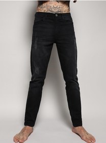 تصویر شلوار جین مردانه مشکی مینیمالیستی با طراحی کهنه برند campus sutra Men's Black Minimal Distressed Denim Jeans