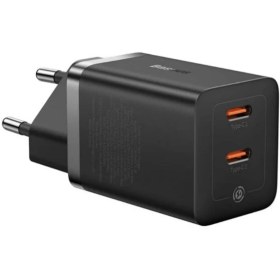 تصویر شارژر دیواری 40 وات بیسوس مدل GaN 5 Pro با اتصال به پریز دوشاخه و تکنولوژی شارژ سریع Quick Charge 3.0، دارای 2 عدد درگاه خروجی USB Type-C 