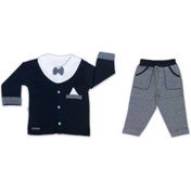 تصویر ست بلوز آستین بلند و شلوار نوزادی کوکالو – سرمه‌ای با پاپیون، سایز ۰ تا ۳ سال 