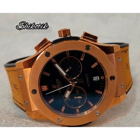 تصویر ساعت مچی HUBLOT مدل GENEVE ( اورجینال) - قاب و اعداد رزگلد صفحه مشکی و بند به رنگ خردلی 