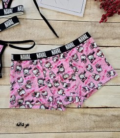 تصویر شورت کاپلی زن و مرد زنانه نیمتنه و شورت لامبادا مردانه شورت پادار جنس نخی طرح هلو کیتی 