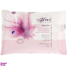 تصویر دستمال مرطوب بانوان یونی لد (Uni Led) مدل Feminine Intimate بسته 20 عددی 