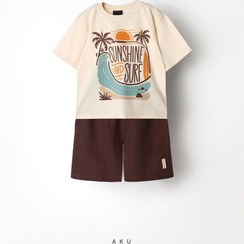 تصویر ست تیشرت و شلوارک چاپی اسپرت نخ پنبه، دورس طرح هاوایی قهوه ای برند آکو aku آکو aku
