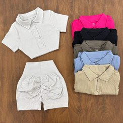 تصویر ست نیم تنه و شورتک زنانه با رنگ‌های آبی استخوانی، صورتی، قهوه‌ای و مشکی 