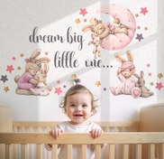 تصویر برچسب دیواری اتاق کودک - رویای خرگوش ( تم صورتی ) - با 62 عدد ستاره - کد W310 - 100 سانت در 60 سانت 