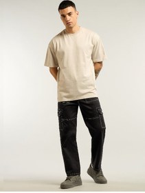 تصویر شلوار کتان کارگو با دوخت متضاد مشکی برند beyoung Black Contrast Stitched Cargo Pants