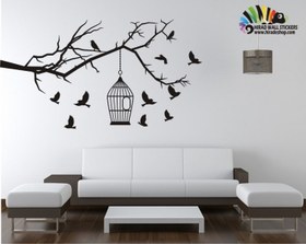 تصویر استیکر و برچسب دیواری شاخه و قفس و پرنده کد h181 