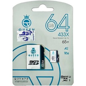 تصویر کارت حافظه Micro SD XC کوئین تک مدل A2-V30-433X کلاس 10 استاندارد UHS-l U3 سرعت 65MBps ظرفیت 64 گیگابایت به همراه آداپتور SD 